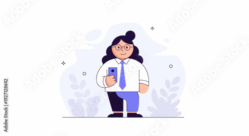 A stylized figure wears a white shirt, blue tie, and two-toned pants, holding a phone