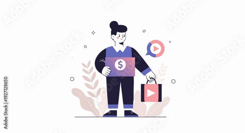 A person holds a dollar bill and a briefcase, with a play button symbol