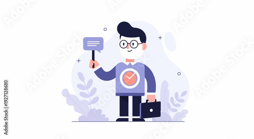 Cartoon man with briefcase holding sign, wearing clock shirt