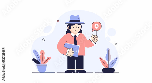 A person in a hat and suit holds a tablet and a red pointer, with plants