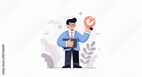 A man in a suit holds a tablet and a time pie chart, with abstract plants in the background