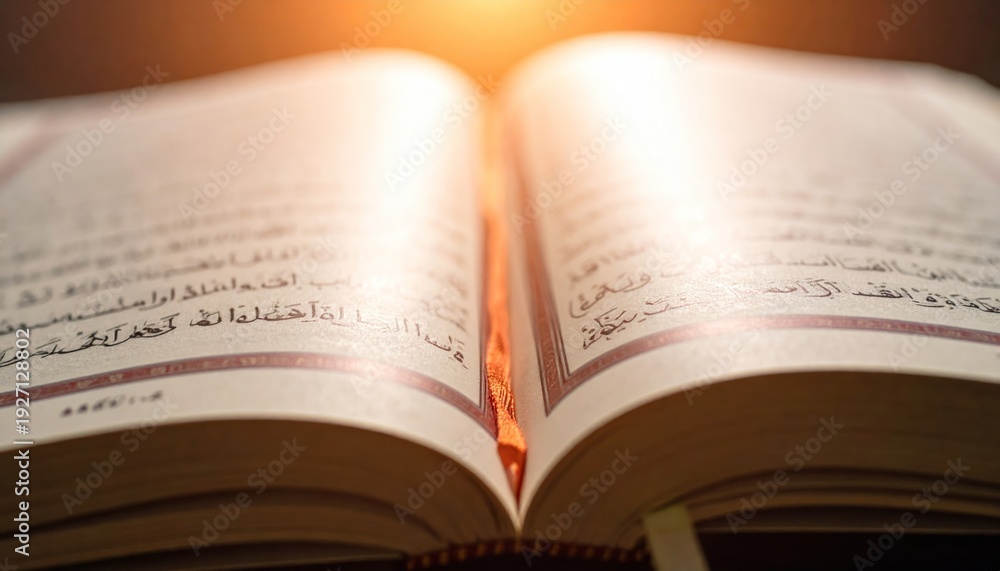 Fototapeta premium Open Quran book with Arabic script and golden light.