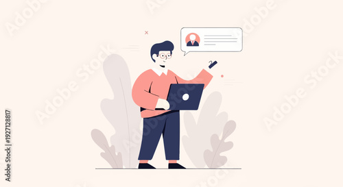 A stylized person with glasses holds a laptop and a stylus, with a speech bubble above