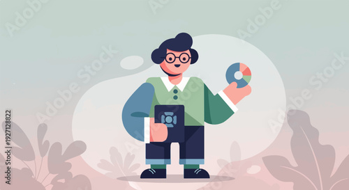 Cartoon individual with glasses holds a tablet and a pie chart