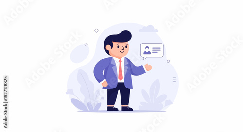 Stylized businessperson in a blue suit and red tie, with a chat bubble showing a profile icon