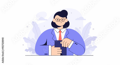 A person in a suit with glasses and tie holds a tablet, surrounded by leaves