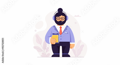 Man with headphones, glasses, and suit holding a yellow phone