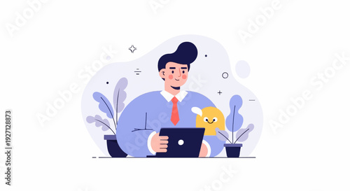 Cheerful person in a suit working on a laptop with a small yellow creature