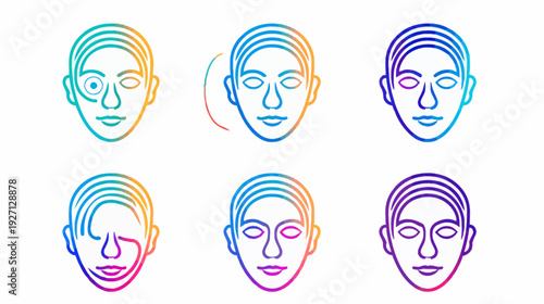 Six stylized depictions of a human face rendered in a gradient color scheme and simple linework