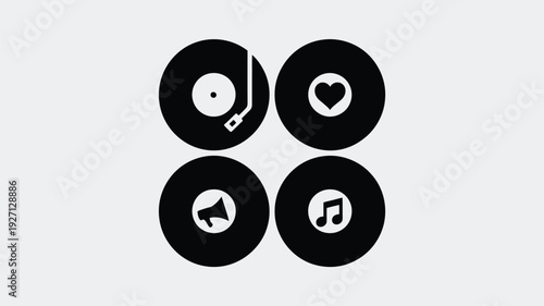 Minimalist graphic design featuring vinyl records with a key and megaphone vector illustration