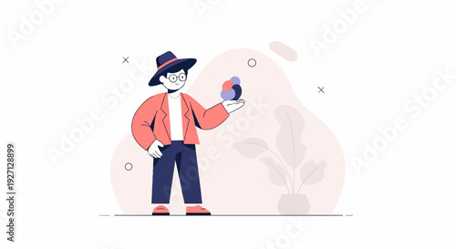 A person in a hat and blazer holds colorful, round objects, standing near a potted plant