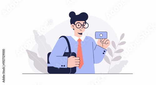 Stylized man in blue shirt and tie holds card with bag