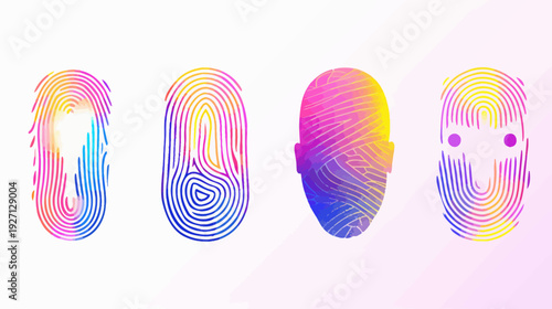 Four abstract fingerprint art with colorful gradient and watercolor effect on white background