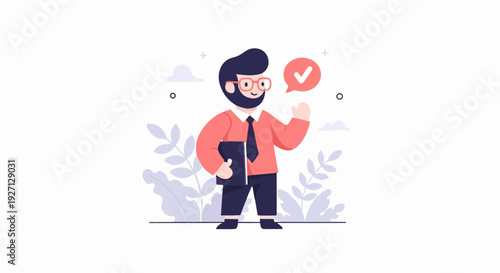A stylized cartoon of a bearded man in glasses, suit, and tie, holding a folder, with a checkmark