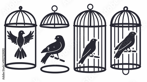 Silhouetted birds, some caged, others free, composed in an aesthetic arrangement