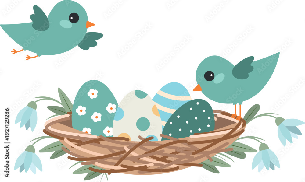 Obraz premium Cute Easter birds with eggs in nest. Spring vector illustration