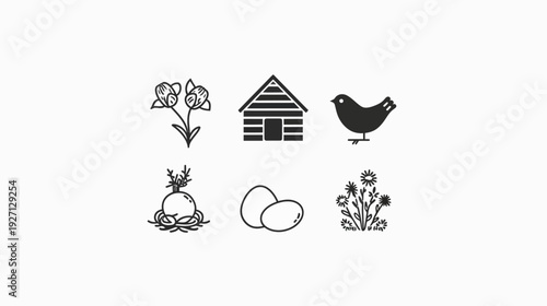 Six simple line art drawings of floral elements, building, a bird, eggs and a bulb