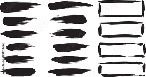 A collection of black brush strokes and rectangular shapes on a white background for design and artistic purposes