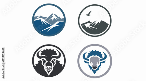 Four circular designs featuring mountain scenes and a bison's face in various color palettes