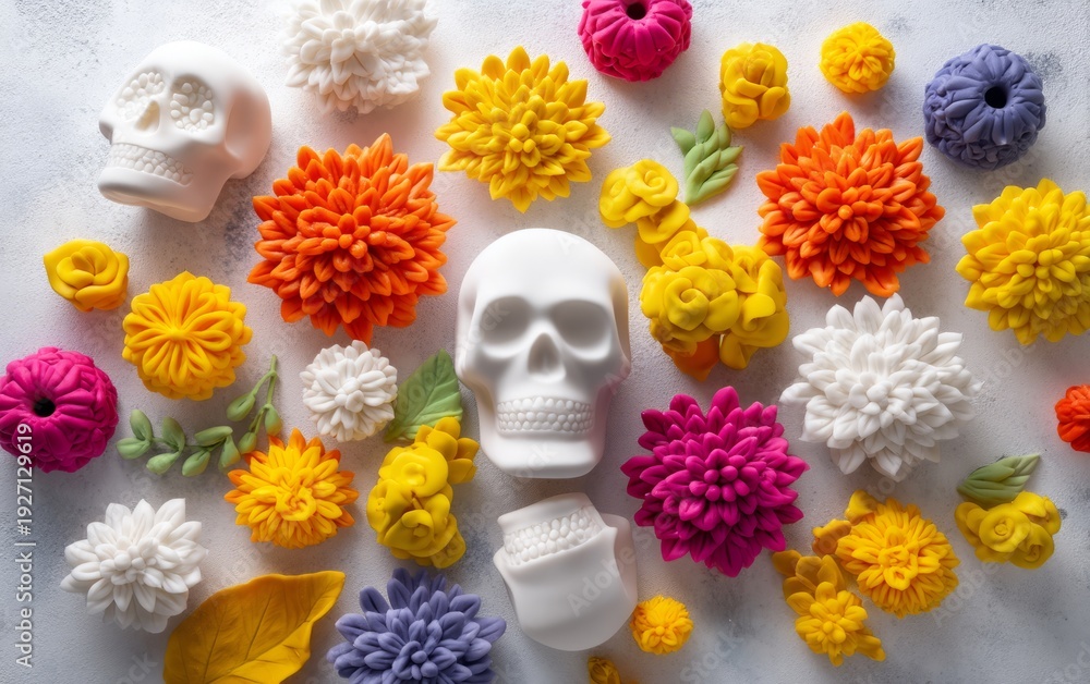 Obraz premium Vibrant 3D Clay Skulls and Flowers for Day of the Dead Altars
