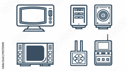 Simplified flat design of technological devices, including a television and a microwave oven