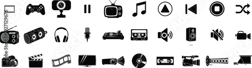 Collection of various electronic devices and media icons