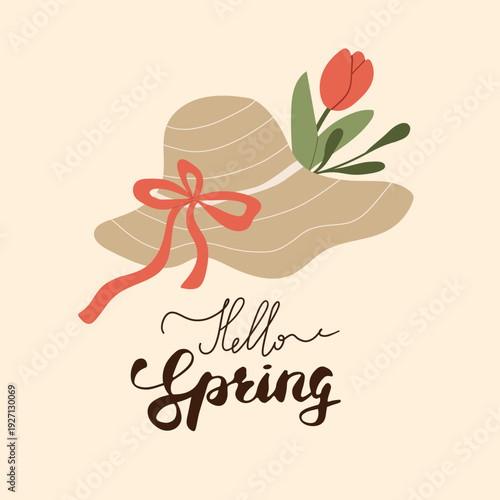 Hello Spring greeting card with sun hat, red tulip flower, and calligraphy lettering. Modern illustration for seasonal greetings