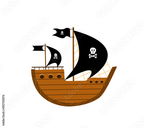 Wooden pirate ship with black sails and skull. Kids illustration for adventure themes, children's room decor, and pirate party designs. Isolated on white.