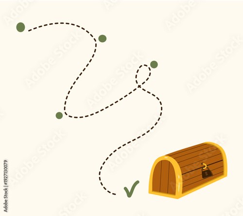 Adventure quest illustration with dashed route leading to a locked wooden treasure chest. Kids design for children's games, pirate themed parties, and nursery wall art.