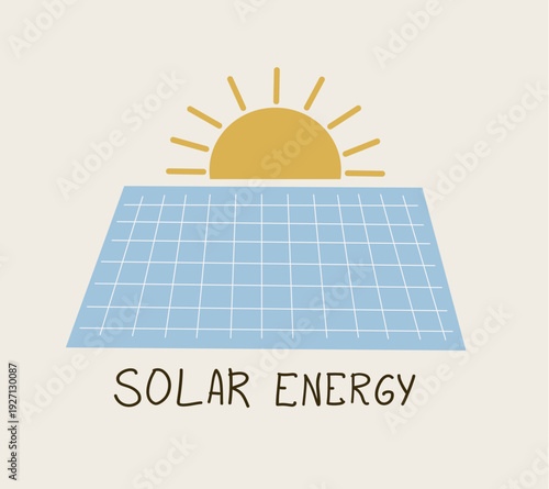 Solar energy concept with sun icon and blue photovoltaic panel. Design for ecological sustainability, green power projects, and environmental posters