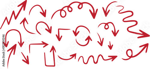 A collection of red arrows pointing in various directions on a white background