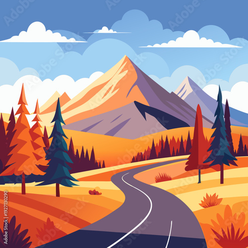 Landscape of mountain empty road in autumn with pines, bushes, orange grass Flat colorful vector illustration