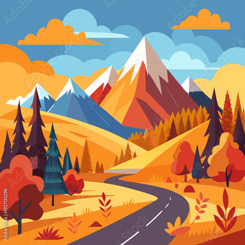 Landscape of mountain empty road in autumn with pines, bushes, orange grass Flat colorful vector illustration
