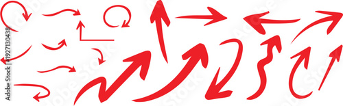 A collection of red arrows pointing in various directions on a white background