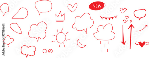 A collection of red line drawings of hearts lips and other symbols on a white background with a red circle containing letters
