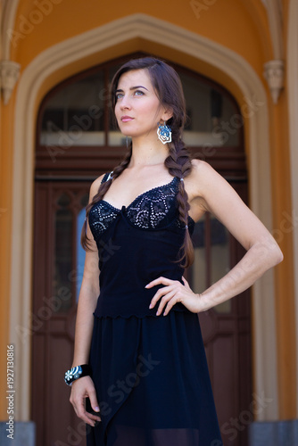 woman in a black dress