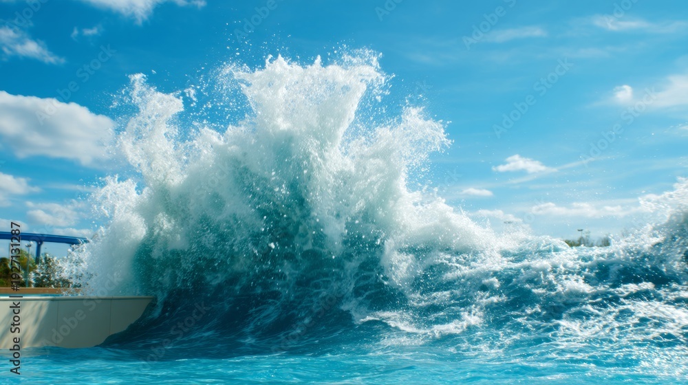 Obraz premium Simulated Ocean Pool Waves Crashing Under Bright Daytime Sky with Calm Waters