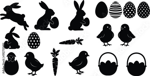 Easter themed black silhouettes of bunnies chickens eggs and baskets