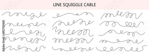 Abstract thin drawing set with a wavy line and long cable curve, curvy squiggles and swirls for a doodle graphic. Horizontal curly and loopy black lines, drawn in a simple wiggly sketch