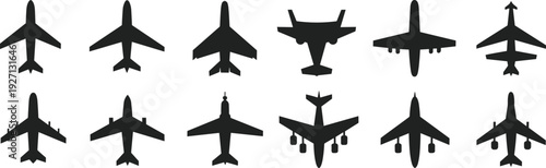 Black airplane silhouettes isolated on white background, various aircraft icons including passenger jets and private planes for travel design.