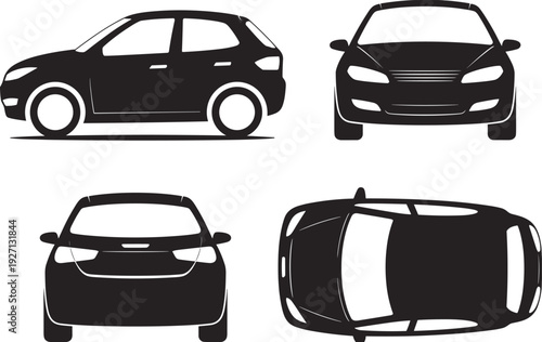 Black car silhouettes from side, front, back, and top view isolated on white background, modern hatchback vehicle technical blueprint vector.