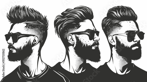Monochrome illustration of three hipster men with sunglasses and beards in profile