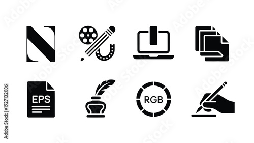 Minimalist icons collection including letter N, film reel, EPS file, and inkwell vector illustration