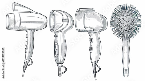 Black and white illustration of hairdryers from different perspectives and a round hairbrush