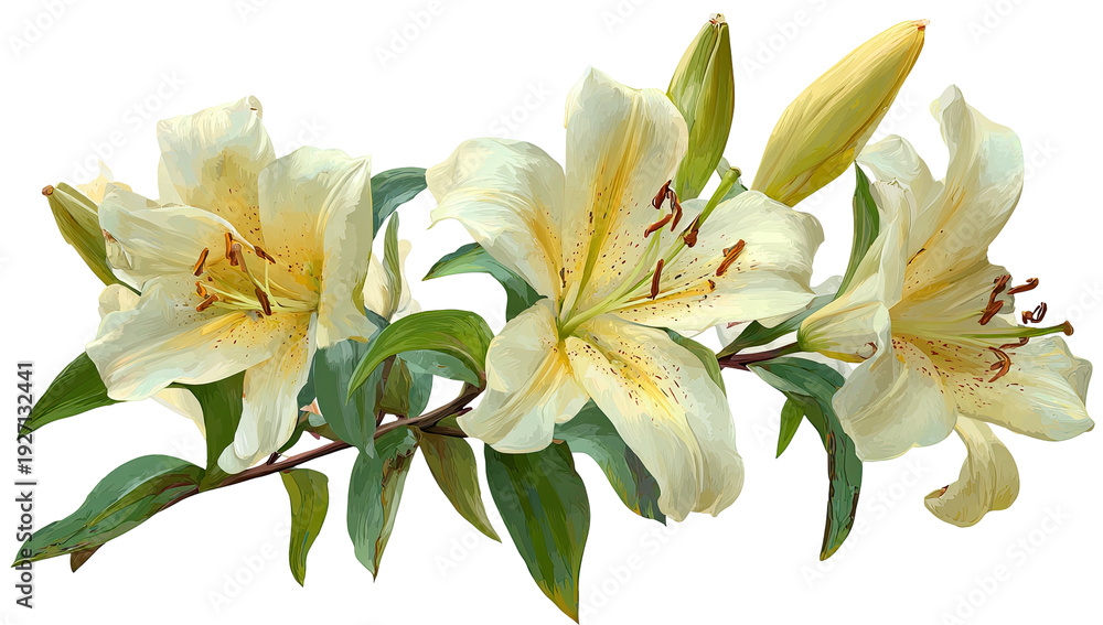 Obraz premium Elegant illustration of a cluster of cream lilies on a stem with leaves, isolated on black