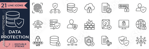 Cyber Security Encryption and Data Privacy Protection Line Icon Set
