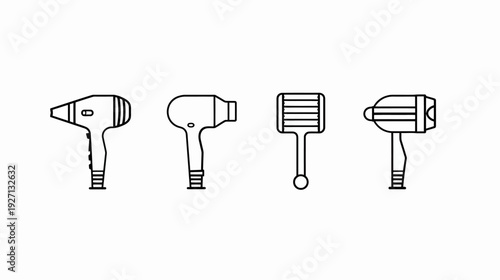 A white backdrop with a sequence of four different hand-drawn hair dryer illustrations