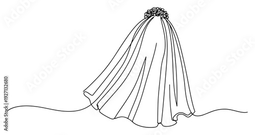 Elegant continuous line art illustration of a beautiful wedding dress for bridal fashion design