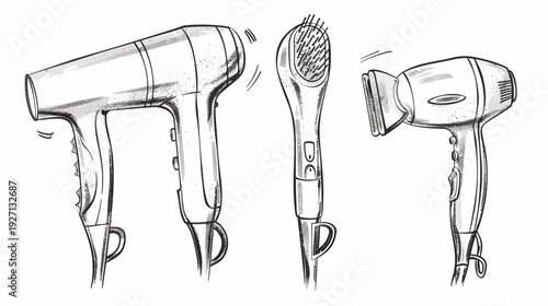 Stylized grayscale illustrations of several hair dryers, emphasizing design features