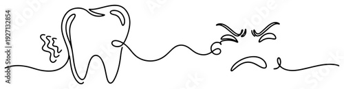 Single line art depicting a tooth and a painful face expression representing a toothache